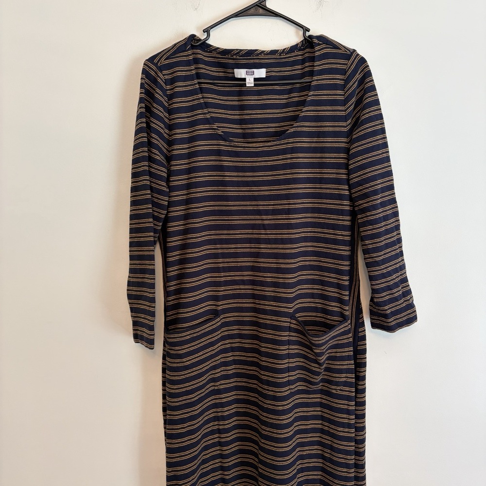 E3 by Etcetera Maxi Dress Women L Navy Mustard Stripe 3/4 Sleeve Pocket